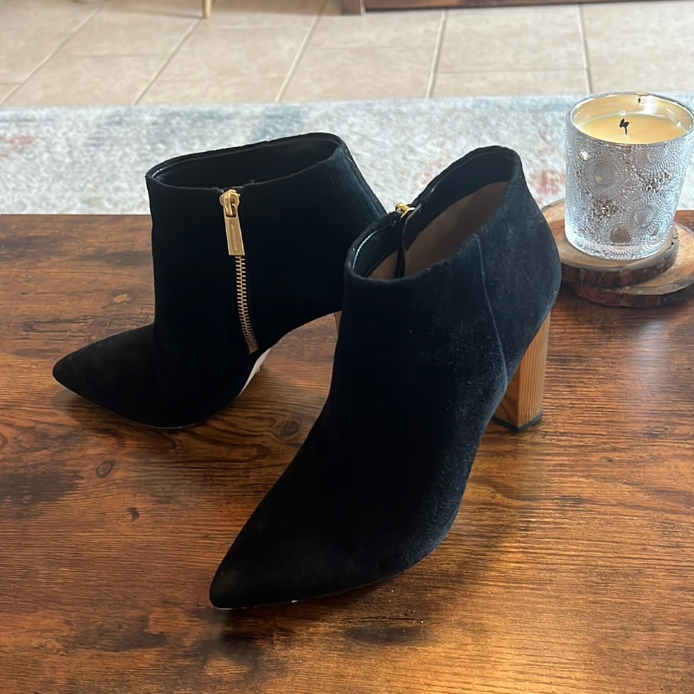 Michael Kors Black suede gold heel booties